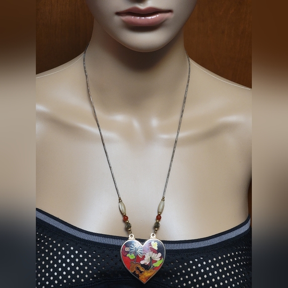 Vintage Enamel Cloisonne Floral Heart Pendant - Picture 2 of 9